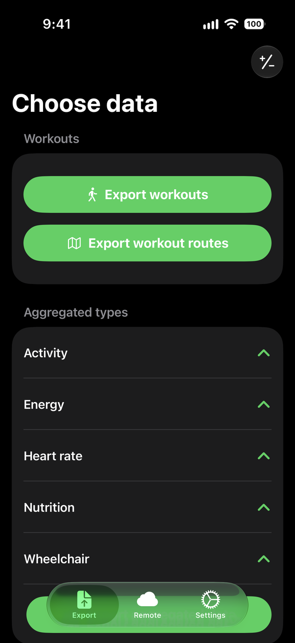 HealthExport on iPhone showing the Choose data screen and health data categories.